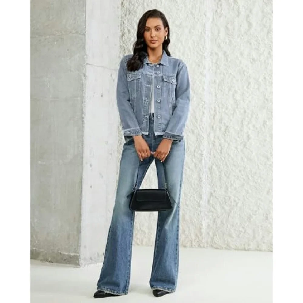 Distressed Denim Jacket Women's Long Sleeve Frayed Hem Trucker